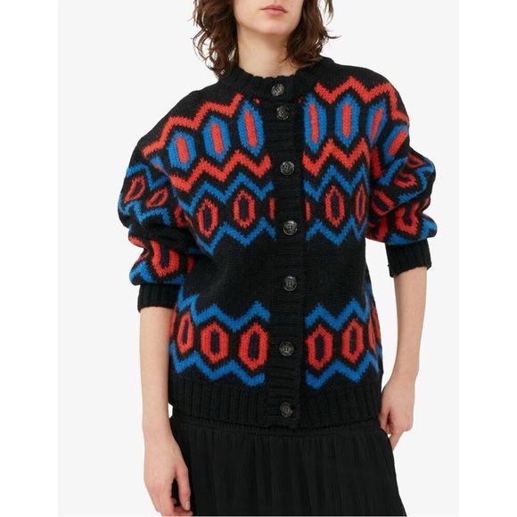 GANNI Black Red Blue Intarsia Organic Wool Chunky Knit Oversize Cardigan Sweater - Picture 9 of 11